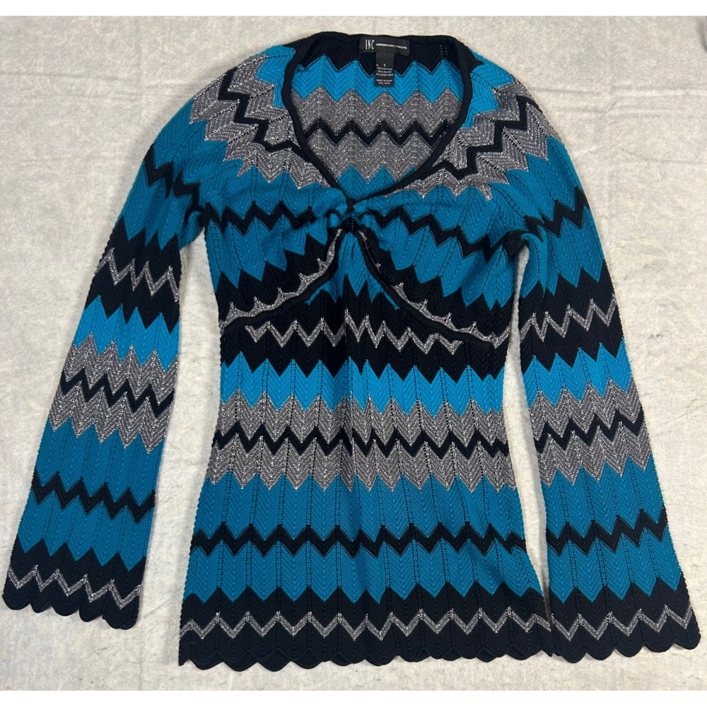 INC International Concepts Blue Black Chevron Knit Twist Front Sweater Size S